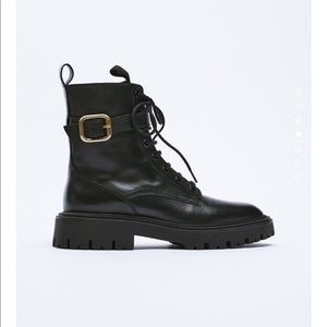 Zara laced leather ankle boot with brass buckle